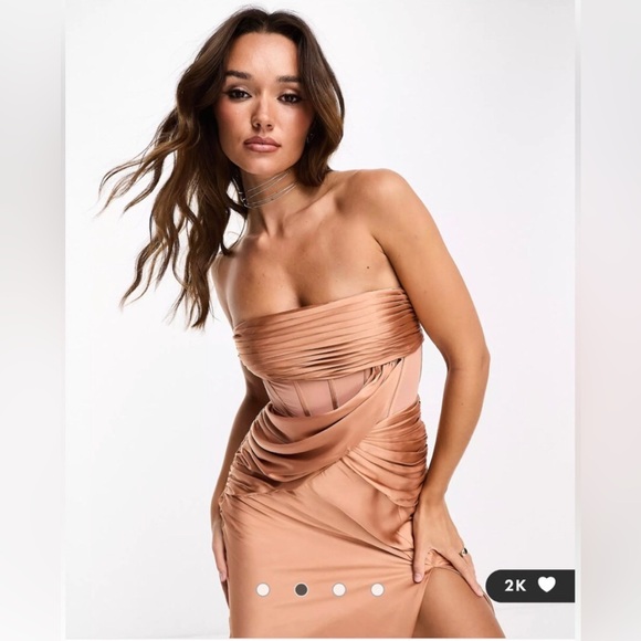 ASOS Design Maxi Dress Satin Draped  Corset Side Slit Party Formal Gown Nude NYE - Picture 3 of 6